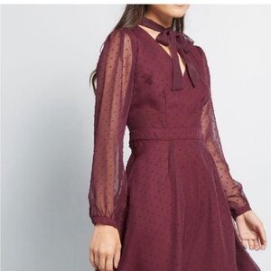 ModCloth Apogee of Elegance Long Sleeve Dress burgundy Swiss Dot Sheer ..Size 2